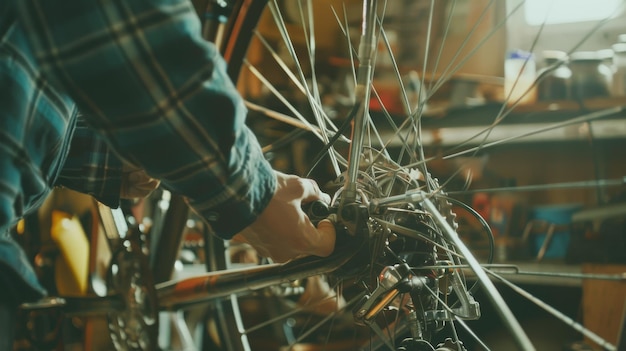 A closeup of a bicycle wheel being fixed in a workshop highlighting the intricate details and craftsmanship of bike maintenance