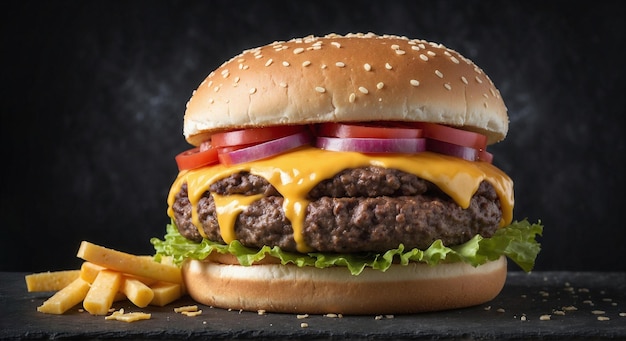 Closeup big tasty hamburger with melted cheese and french fries Blurred black grunge background