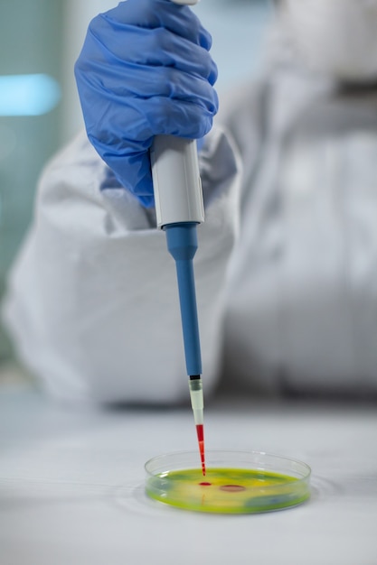 Closeup of biologist researcher woman hands putting blood in petri dish