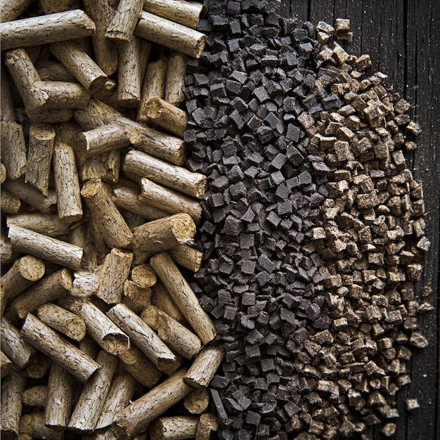 Photo closeup of biomass fuel pellets and chips