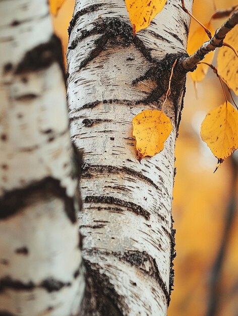 Photo closeup of birch tree bark with autumn leaves natures textures and colors