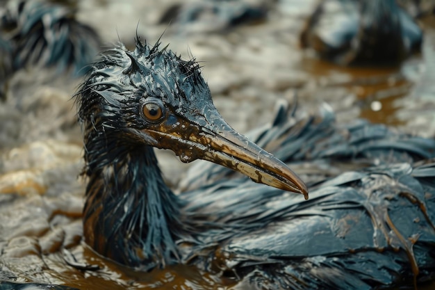 closeup of a bird covered in oil The bird is struggling to fly and there are other birds in the background