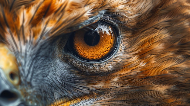 Closeup of a bird of preys eye with detailed feathers