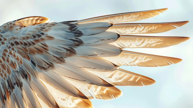 Photo closeup of a bird39s wing with detailed feathers illuminated