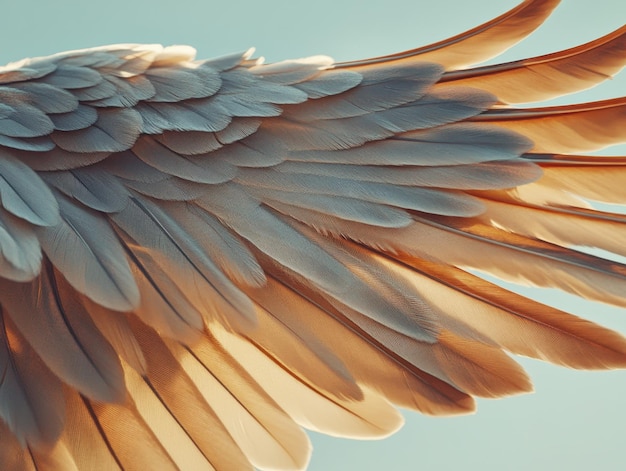 A closeup of a birds wing in midflight feathers detailed