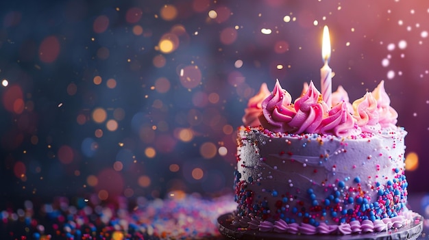 CloseUp Birthday Cake with Pink Frosting and Sprinkles Texture