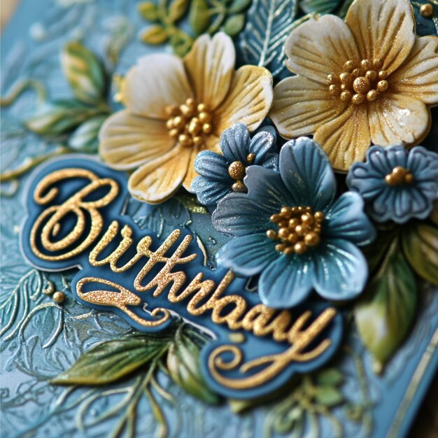 A closeup of a birthday card with a 3D or layered effect