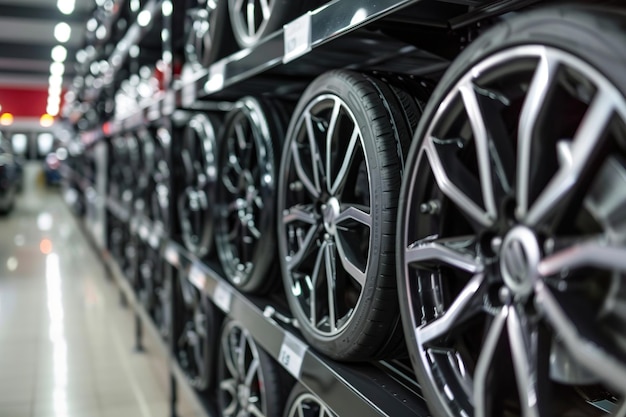 Closeup of Black Alloy Wheels on a Shelf in a Tire Shop