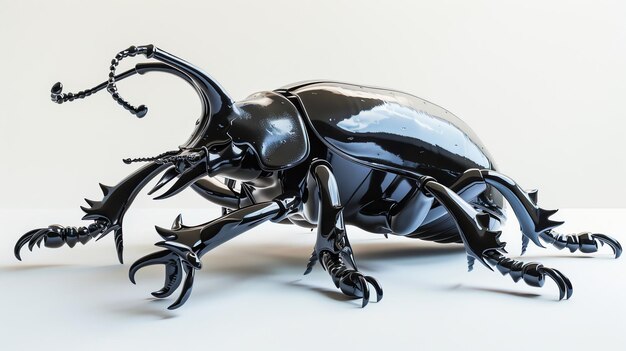 Closeup of a black beetle with sharp horns and claws rendered in a realistic style