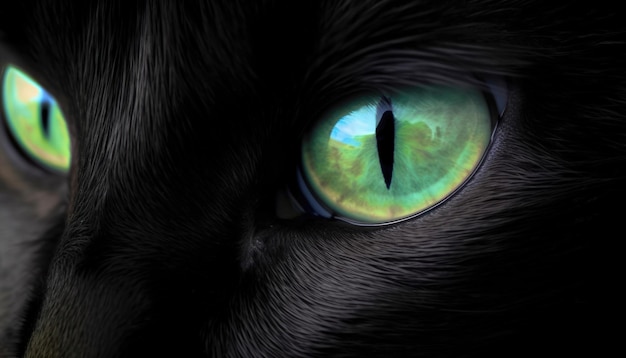 Closeup of a black cat's green eyes