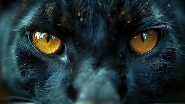 Closeup of a black cat with orange eyes Macro