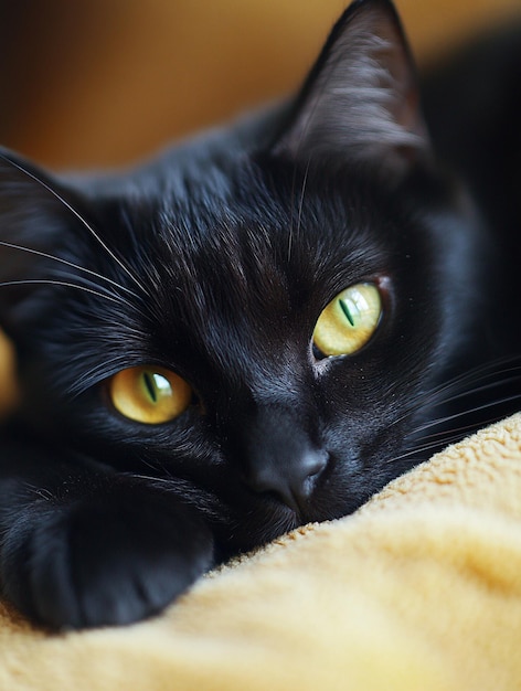 Photo closeup of a black cat with striking yellow eyes on soft fabric