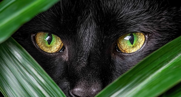 Photo closeup of a black cats eyes peering through green leaves