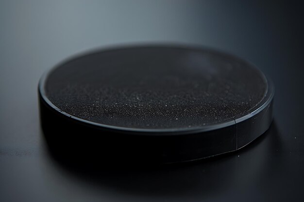 Photo closeup of a black circular object with a textured surface