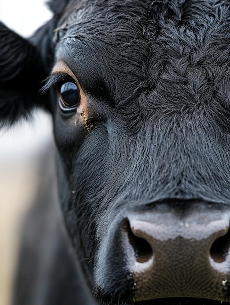 Photo closeup of a black cows face farm animal portrait for agriculture and livestock themes