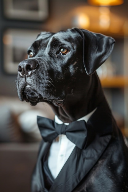 Closeup of a black dog wearing a tuxedo and bow tie exuding elegance and sophistication in a cozy in