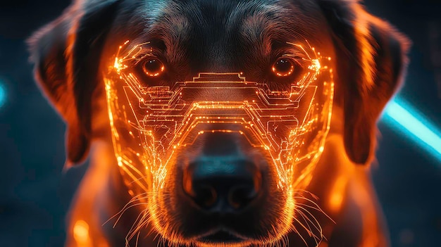 Photo closeup of a black dog39s face with glowing yellow circuit board patterns around the eyes and nose