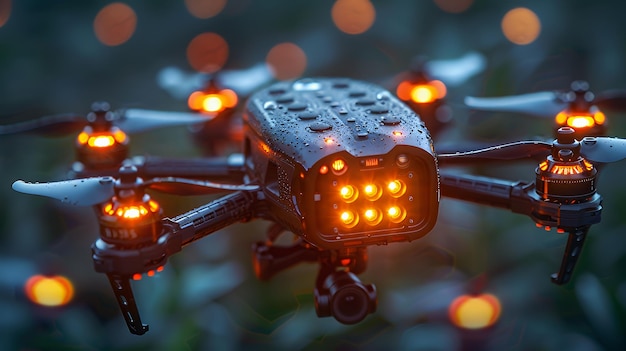 Photo a closeup of a black drone with bright orange lights hovering in the air with a blurry background of more lights