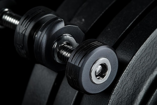 Closeup of a black dumbbell weight plate with a threaded screw