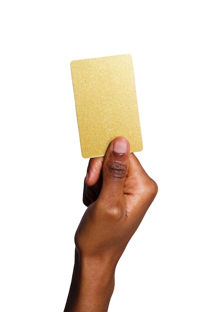 Closeup of black female hand holding plastic credit card , woman showing blank business card on white isolated studio background, copy space, cutout