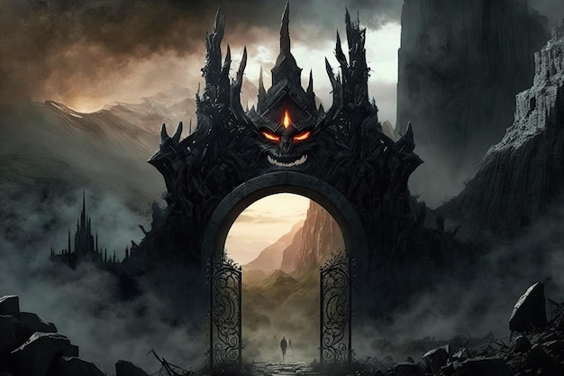 Closeup of the black gate of mordor with its menacing stone doors and many towers visible