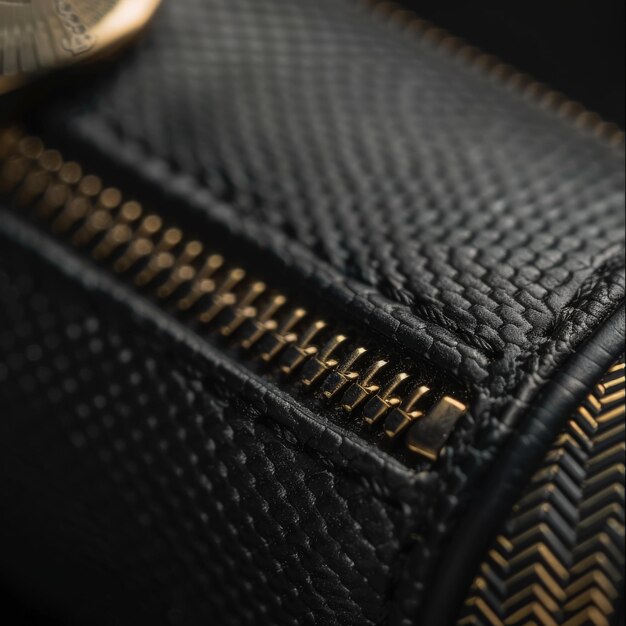 Photo closeup of a black leather zipper with gold hardware