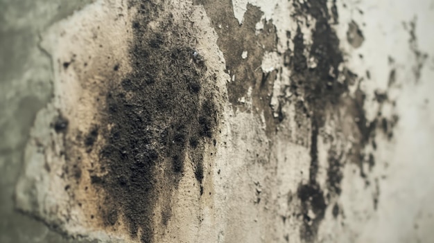 Photo closeup of black mold growth on damp wall surface in an abandoned building