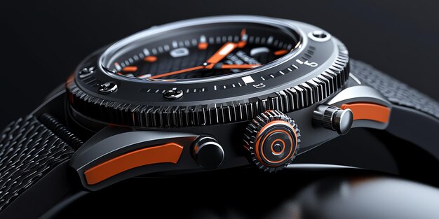 Photo closeup of a black and orange luxury watch with a textured rubber strap and a bezel with orange accents