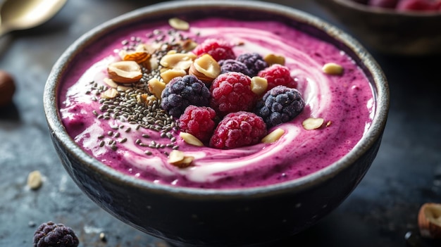 Closeup of a Black and Red Berry Smoothie Bowl with Nuts and Seeds