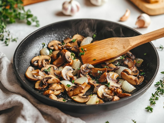 Photo closeup of a black skillet cooking onions garlic and mushrooms garnished with fresh parsley