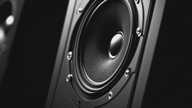 Photo closeup of a black speaker with a detailed woofer