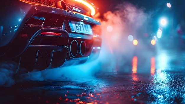 Closeup of black sports car exhaust pipes smoke billowing dramatic lighting neon blue glow cinematic