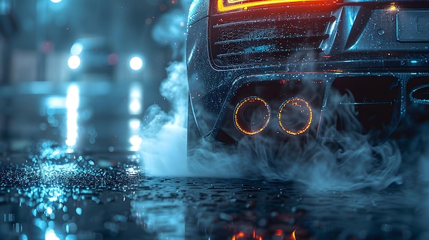 Closeup of black sports car exhaust pipes smoke billowing dramatic lighting neon blue glow cinematic