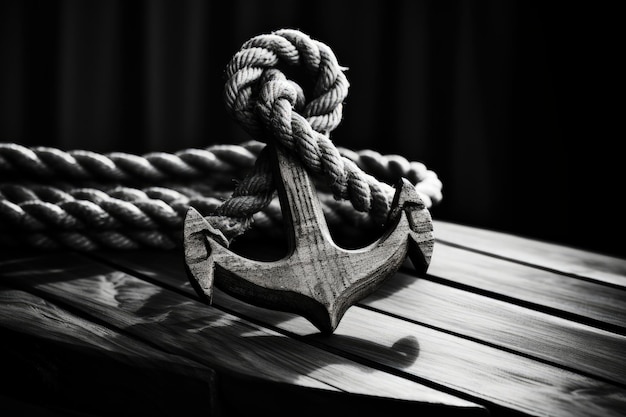 Closeup black and white home wall decor wooden anchor and rope table