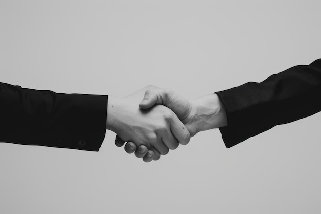 Photo closeup black and white image of a firm handshake between two people