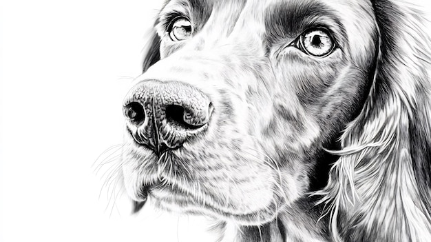 Closeup black and white pencil drawing of a dogs face