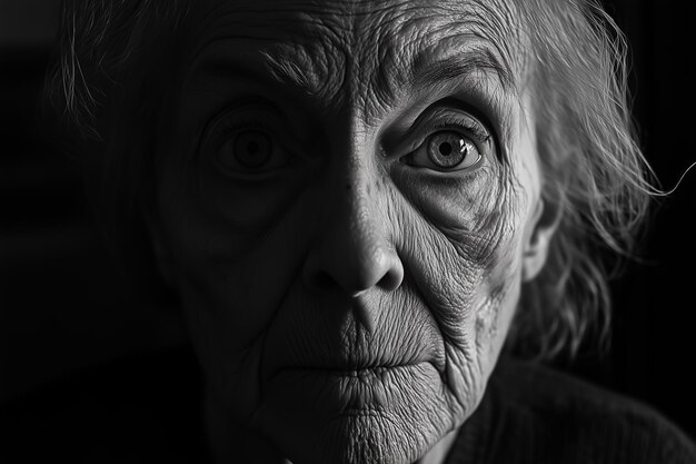 Closeup black and white portrait of an elderly woman39s wrinkled face