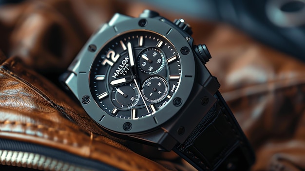 Closeup of a black wristwatch on a brown leather background