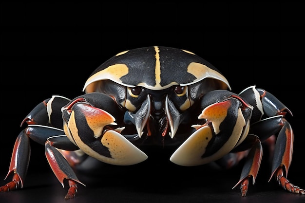 Closeup of black and yellow crab isolated on black background