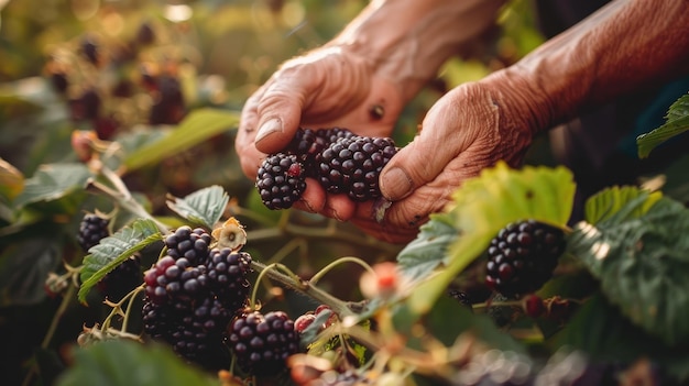 Photo closeup of blackberry picking selective focus