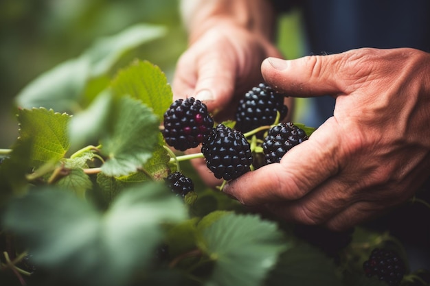 Photo closeup of blackberry picking selective focus