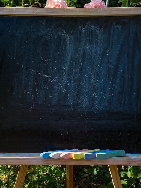 Closeup of blackboard with pieces of coloured crayons