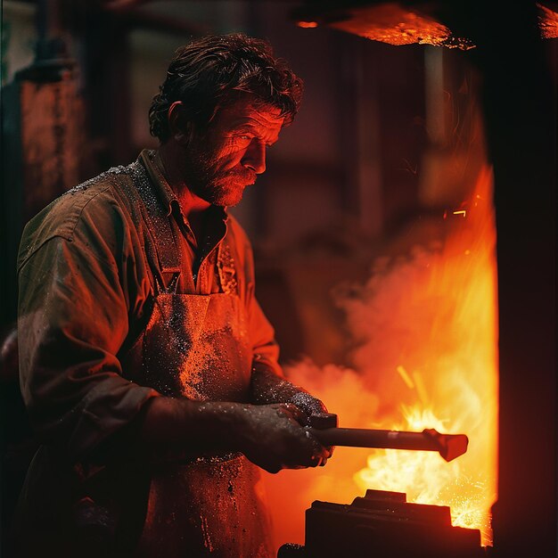 Photo closeup of blacksmith forging metal bathed in firequot