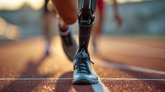 Photo closeup of a blade runner prosthetic leg at starting line on track field