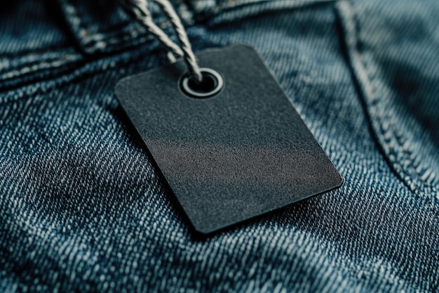 Photo closeup of a blank black tag on a womans jeans