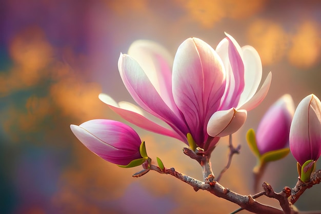 Closeup of blooming magnolia tree in spring on pastel bokeh background Generative Ai