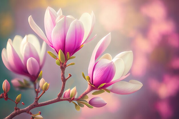 Closeup of blooming magnolia tree in spring on pastel bokeh background Generative Ai