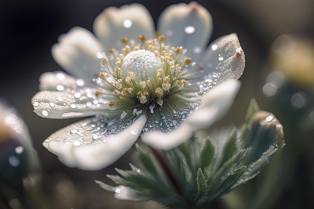 Closeup of blooming meadow flower with dew drops visible