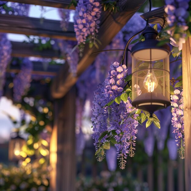 Closeup of blooming wisteria on wooden beams by a hanging street lamp