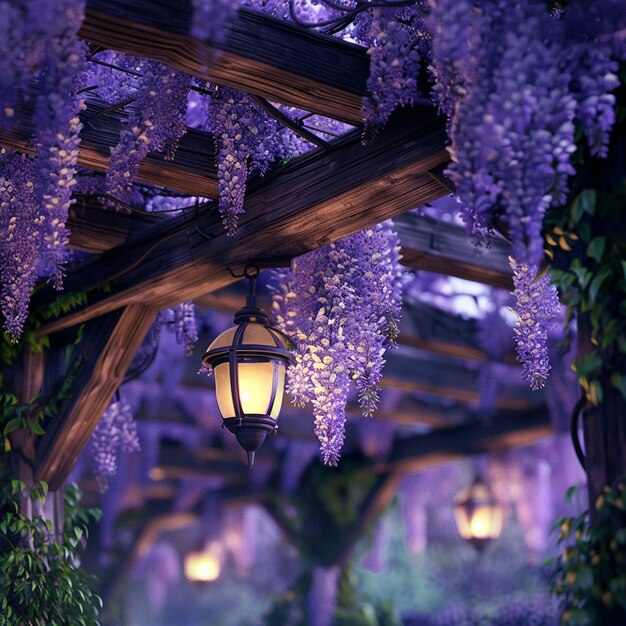 Closeup of blooming wisteria on wooden beams by a hanging street lamp